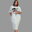Light Gray Casual Dress Loose Letter Print Short Sleeves Round Neck Back-Slit Dress - FayaChoice