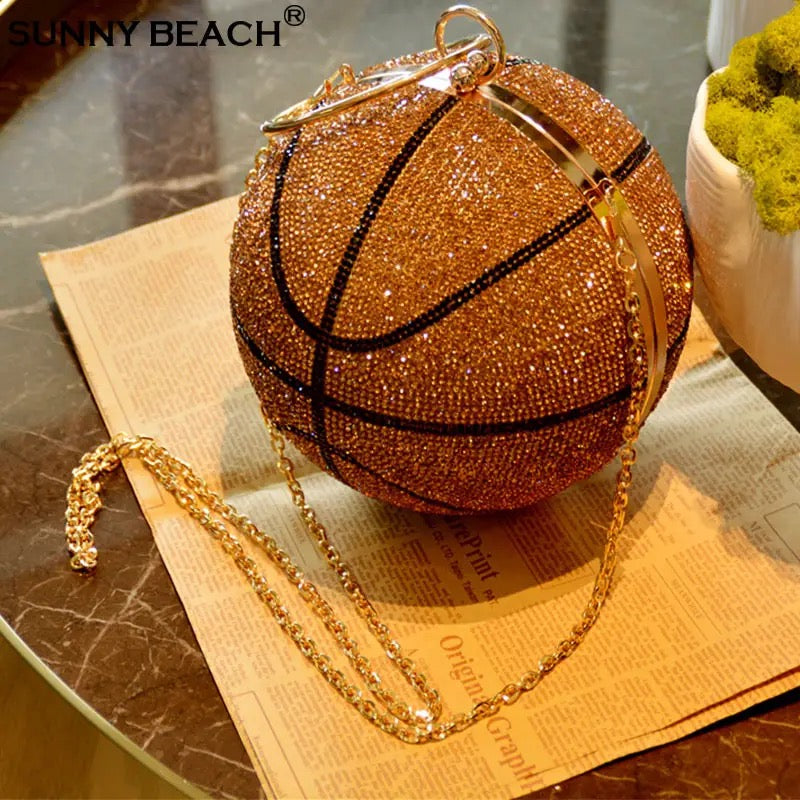 Basketball Shape Rhinestone Ring Handle Chain Evening Bag