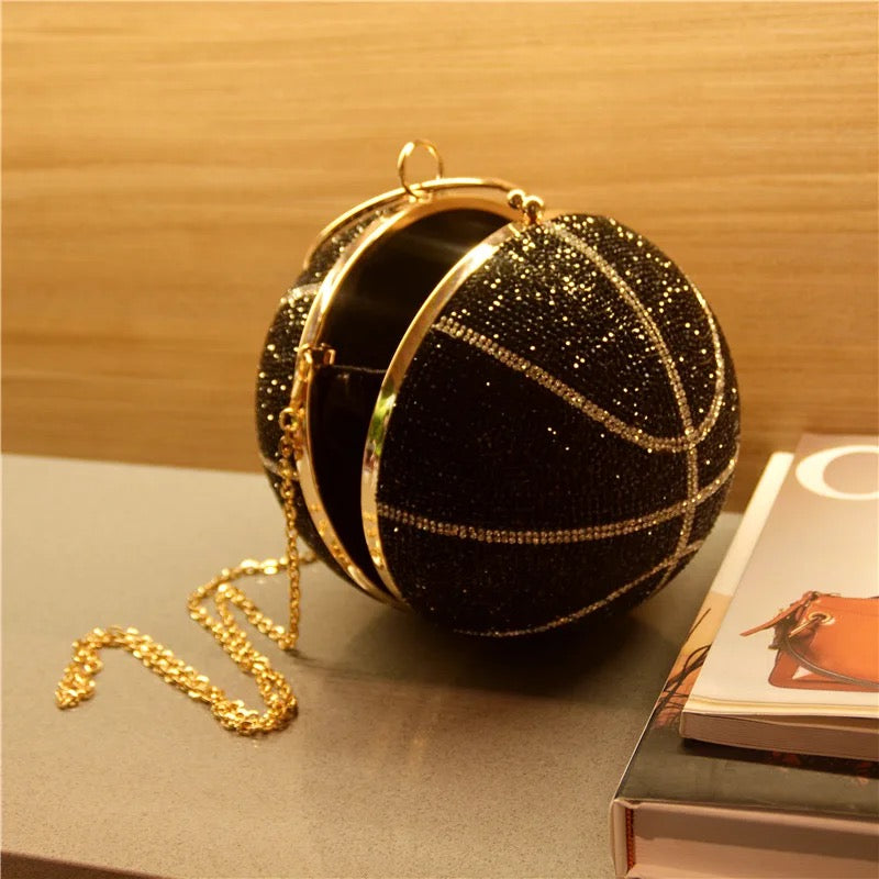 Basketball Shape Rhinestone Ring Handle Chain Evening Bag