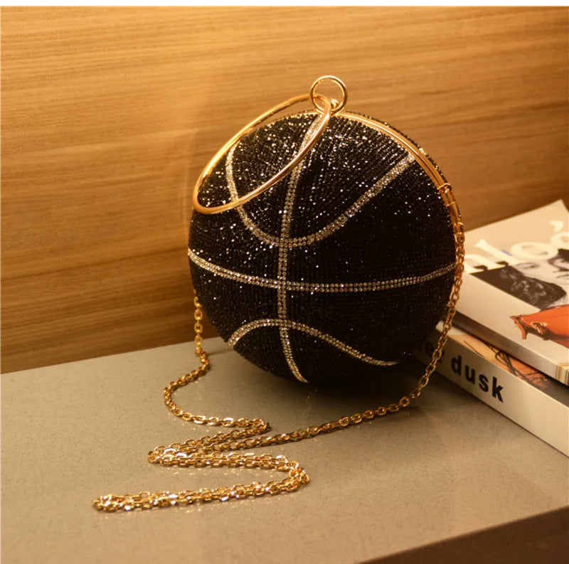 Basketball Shape Rhinestone Ring Handle Chain Evening Bag