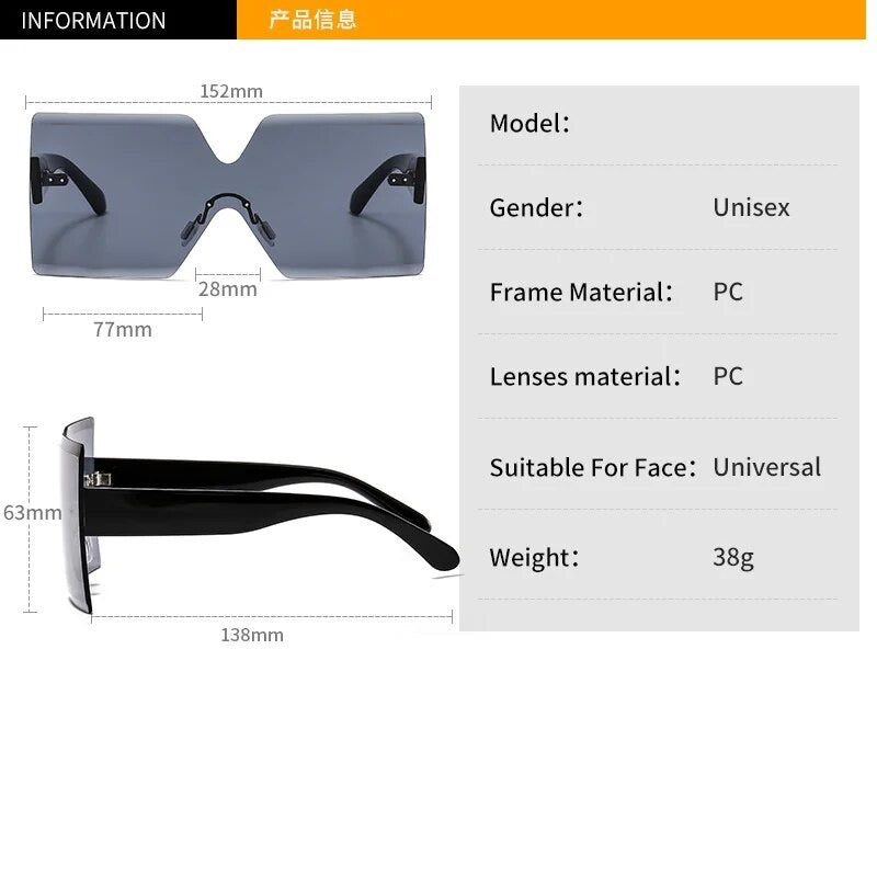 Rimless Oversized Sunglasses Square Sunglasses UV400