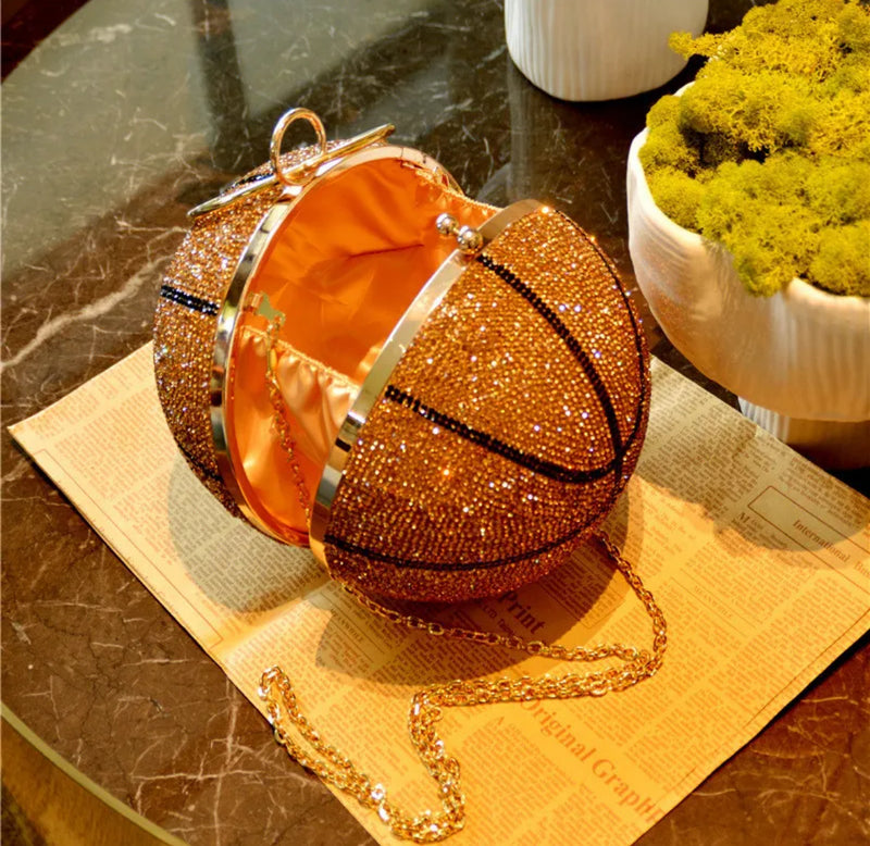 Basketball Shape Rhinestone Ring Handle Chain Evening Bag