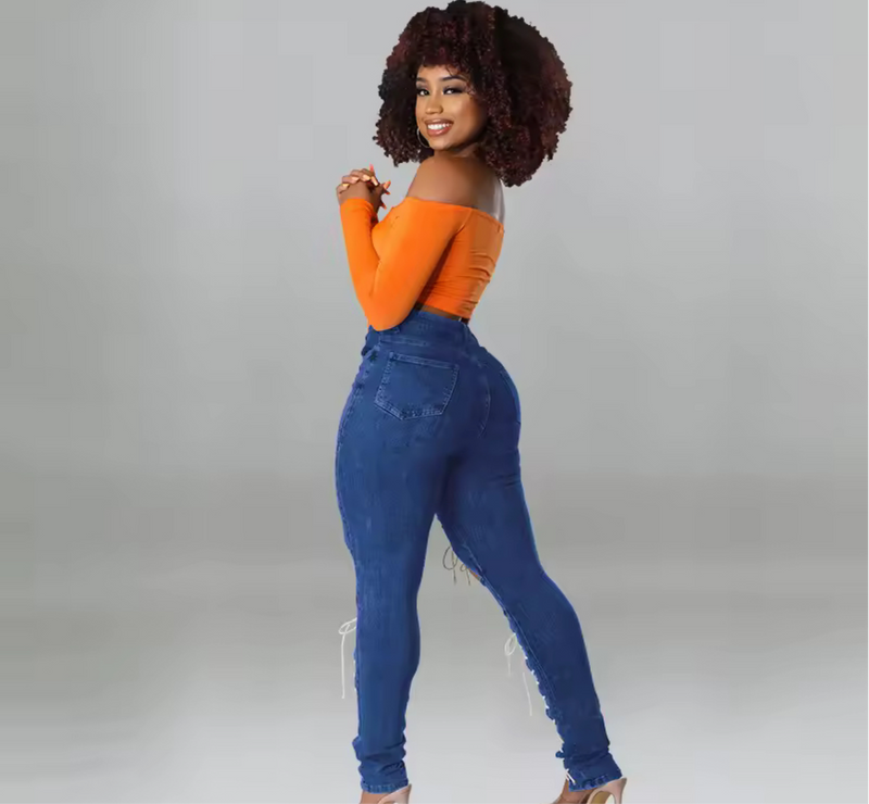 Dark Blue Hollow Out Eyelet Drawstring Lace-up Women Jeans Summer High Waist Slim Fit Pencil Denim Pants Female Trousers Trend Streetwear