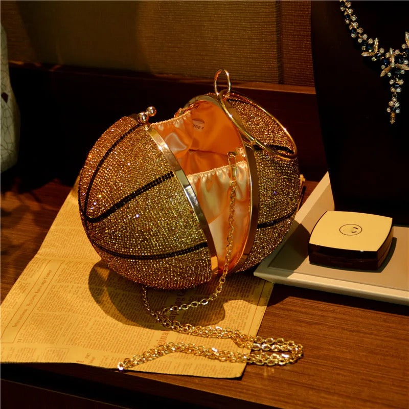 Basketball Shape Rhinestone Ring Handle Chain Evening Bag