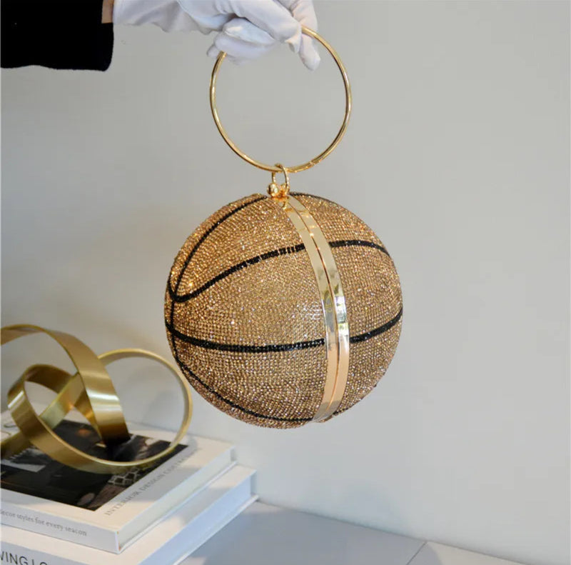 Basketball Shape Rhinestone Ring Handle Chain Evening Bag