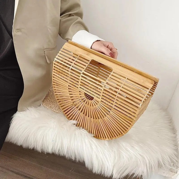 Handmade wooden hollow design handle bag