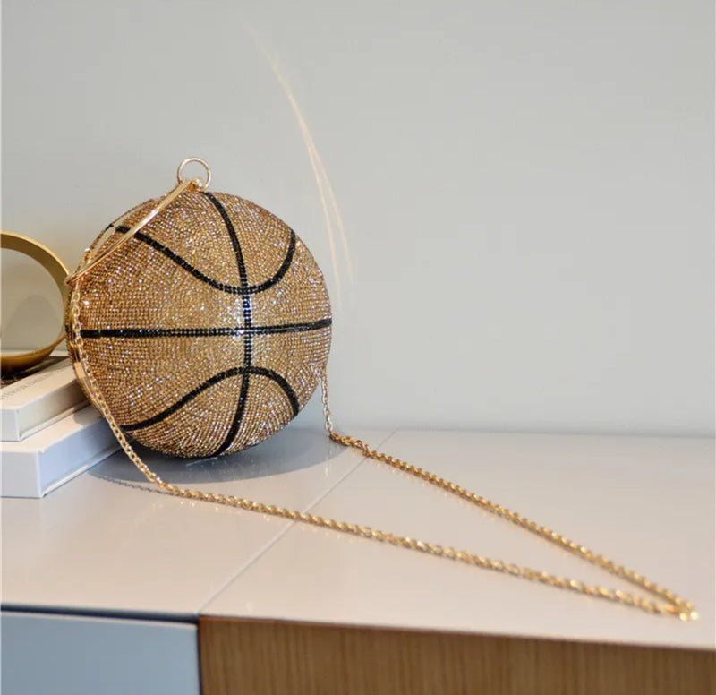 Basketball Shape Rhinestone Ring Handle Chain Evening Bag