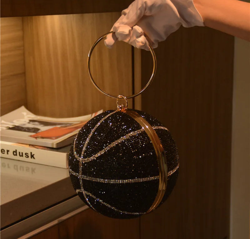 Basketball Shape Rhinestone Ring Handle Chain Evening Bag