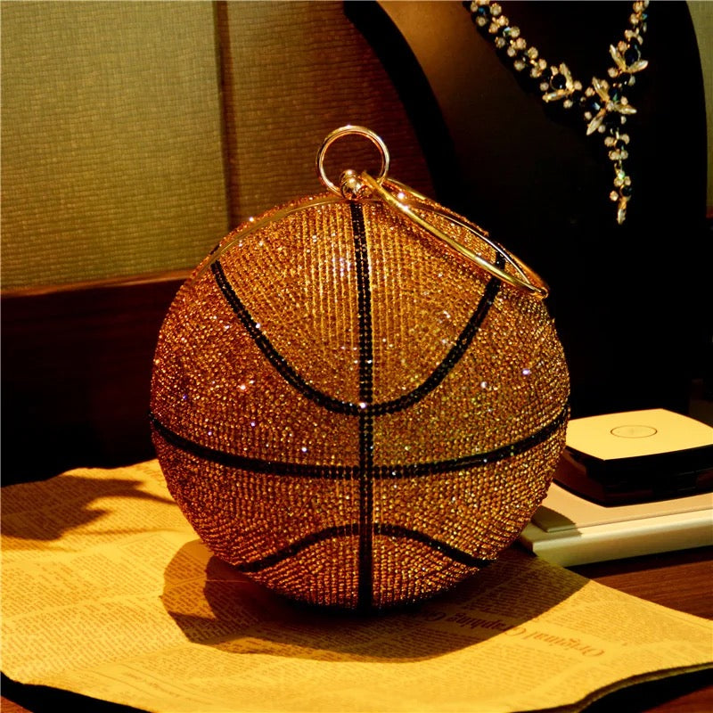 Basketball Shape Rhinestone Ring Handle Chain Evening Bag