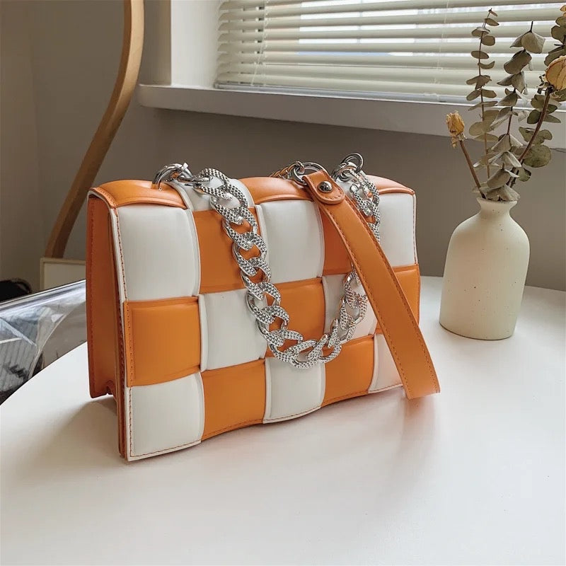 Thick Chain Design Color Blocking Patchwork Woven Crossbody Handle Bag