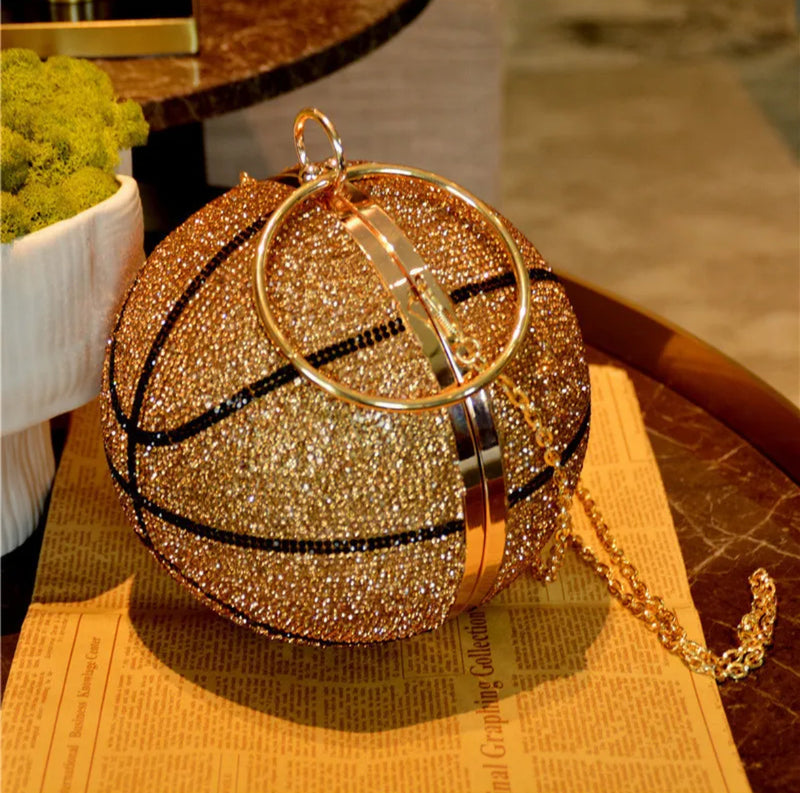 Basketball Shape Rhinestone Ring Handle Chain Evening Bag