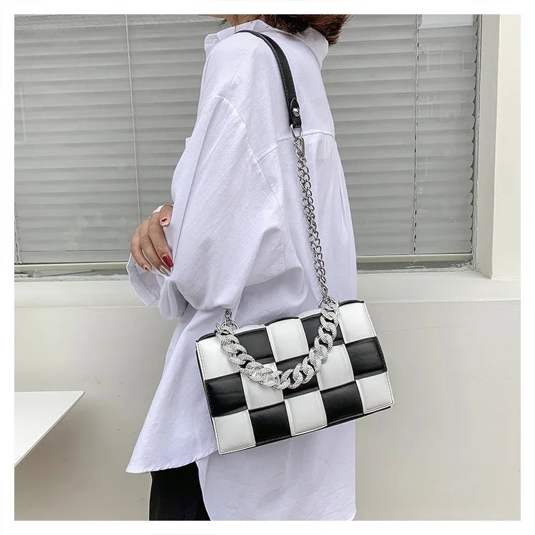 Thick Chain Design Color Blocking Patchwork Woven Crossbody Handle Bag