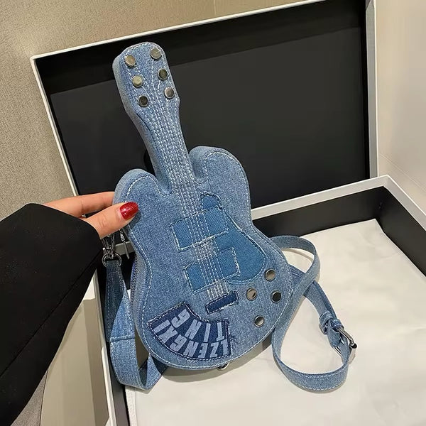 Women Fashion Creative Denim Guitar Shape Zipper Crossbody Bag