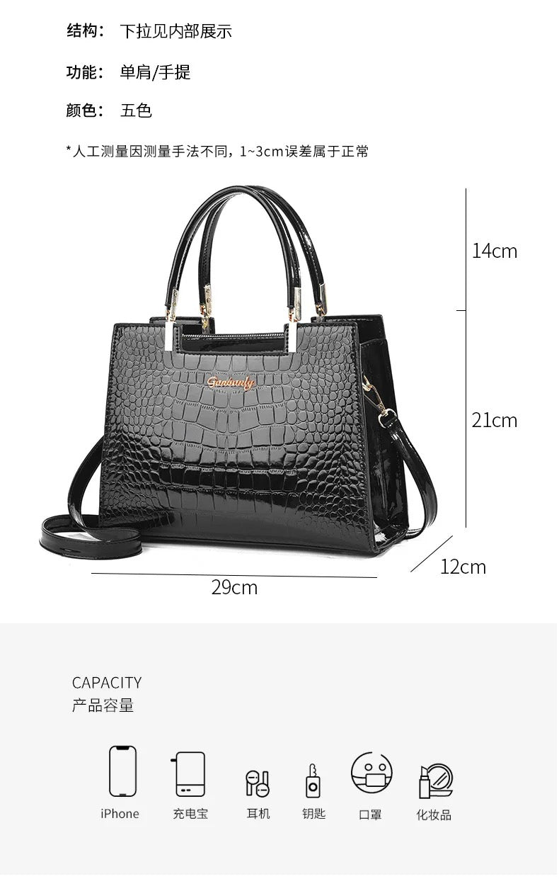 Crocodile Pattern Large Capacity Square PU Handle Shoulder Bag