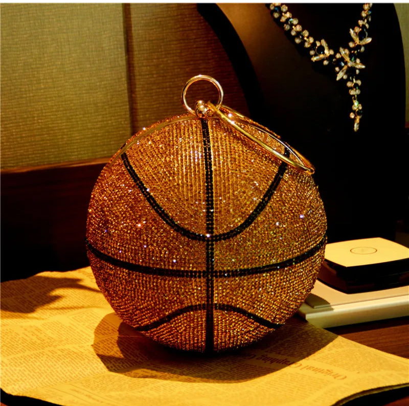 Basketball Shape Rhinestone Ring Handle Chain Evening Bag