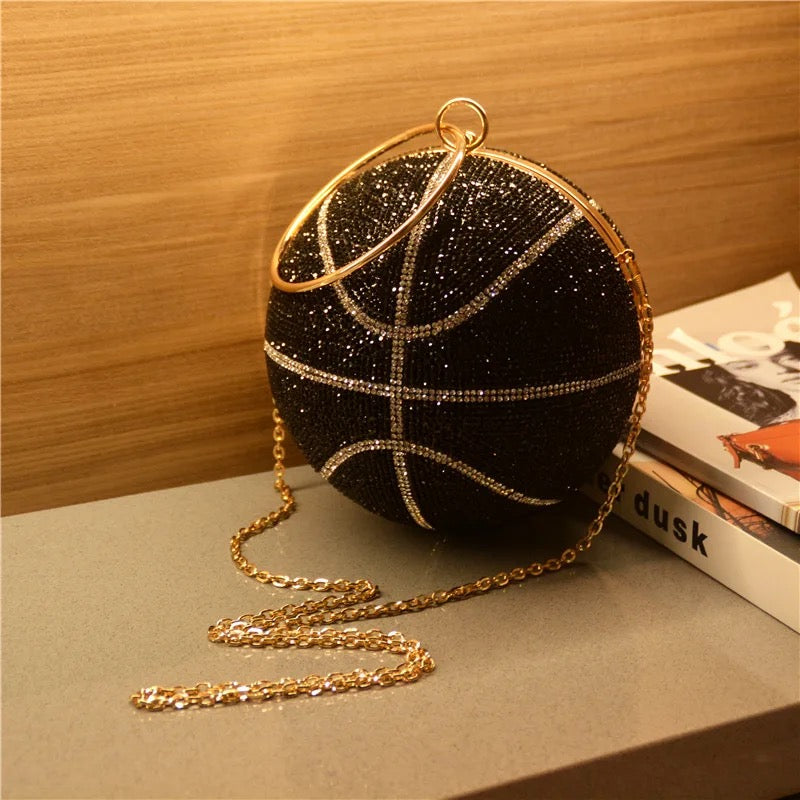 Basketball Shape Rhinestone Ring Handle Chain Evening Bag