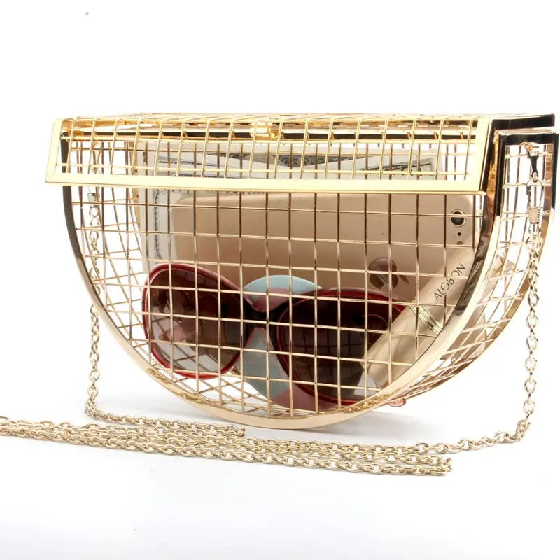 Metal Semicircle Hollow One Shoulder Crossbody Chain Dinner Mini Cage Bag