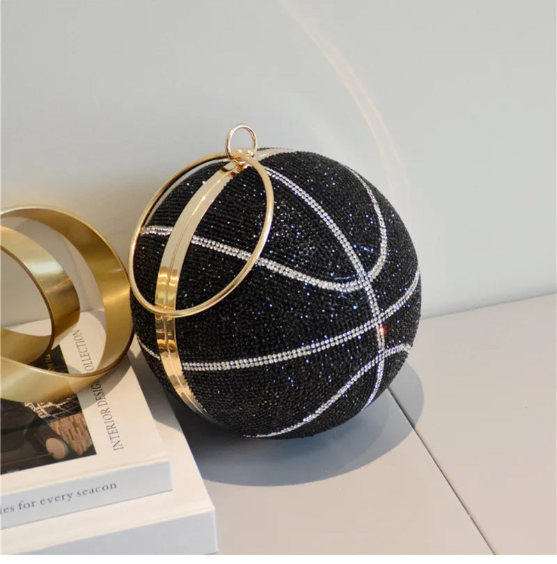 Basketball Shape Rhinestone Ring Handle Chain Evening Bag