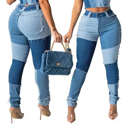 Women's Patchwork Slim Fit Denim Pencil Pants Stretch Color Block Fringed Trim Butt-Lift Skinny High Waist Jeans Pants