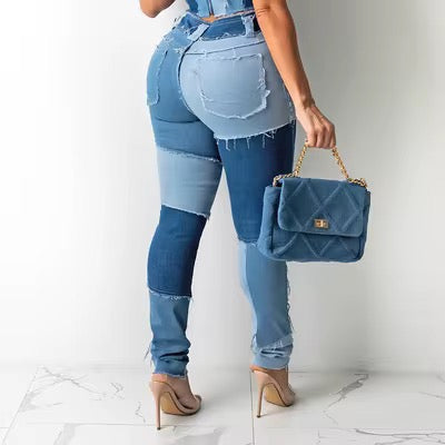 Women's Patchwork Slim Fit Denim Pencil Pants Stretch Color Block Fringed Trim Butt-Lift Skinny High Waist Jeans Pants