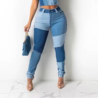 Women's Patchwork Slim Fit Denim Pencil Pants Stretch Color Block Fringed Trim Butt-Lift Skinny High Waist Jeans Pants
