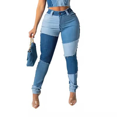 Women's Patchwork Slim Fit Denim Pencil Pants Stretch Color Block Fringed Trim Butt-Lift Skinny High Waist Jeans Pants