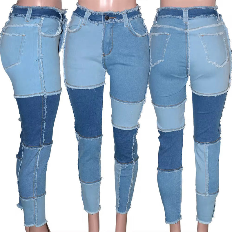 Women's Patchwork Slim Fit Denim Pencil Pants Stretch Color Block Fringed Trim Butt-Lift Skinny High Waist Jeans Pants
