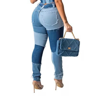 Women's Patchwork Slim Fit Denim Pencil Pants Stretch Color Block Fringed Trim Butt-Lift Skinny High Waist Jeans Pants