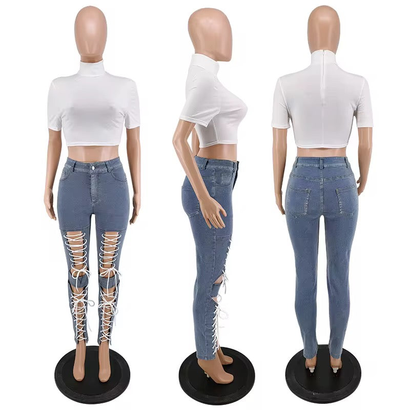 Dark Blue Hollow Out Eyelet Drawstring Lace-up Women Jeans Summer High Waist Slim Fit Pencil Denim Pants Female Trousers Trend Streetwear