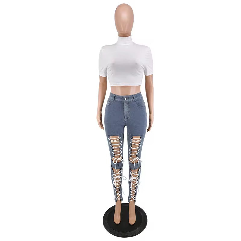 Dark Blue Hollow Out Eyelet Drawstring Lace-up Women Jeans Summer High Waist Slim Fit Pencil Denim Pants Female Trousers Trend Streetwear