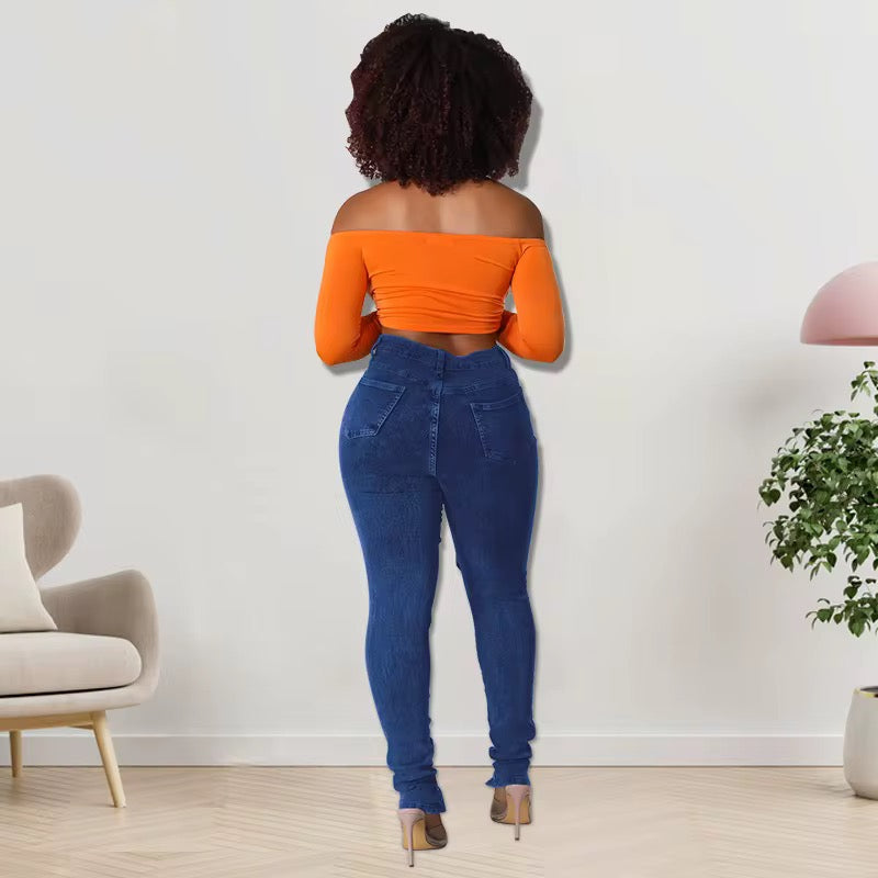 Dark Blue Hollow Out Eyelet Drawstring Lace-up Women Jeans Summer High Waist Slim Fit Pencil Denim Pants Female Trousers Trend Streetwear