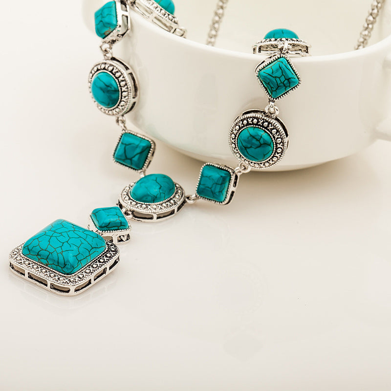 Bohemian Turquoise Square Round Earrings Necklace Bangle Jewelry Set