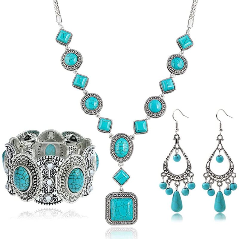 Bohemian Turquoise Square Round Earrings Necklace Bangle Jewelry Set