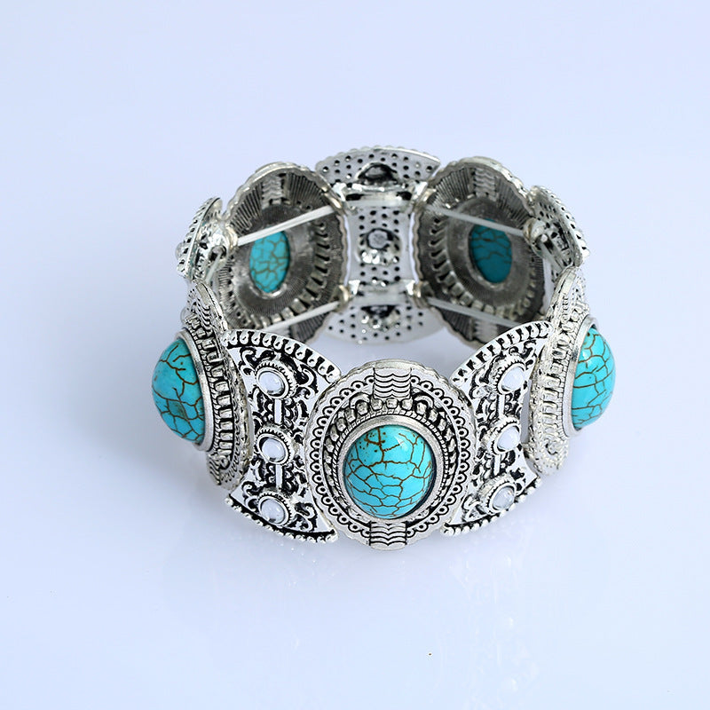 Bohemian Turquoise Square Round Earrings Necklace Bangle Jewelry Set