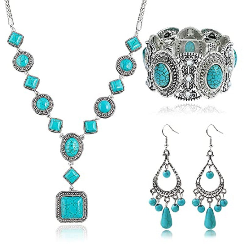 Bohemian Turquoise Square Round Earrings Necklace Bangle Jewelry Set