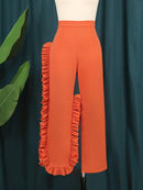 Orange High Waist Ruffle Fashion Wide Leg Pants
