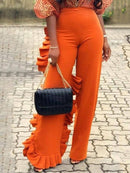 Orange High Waist Ruffle Fashion Wide Leg Pants