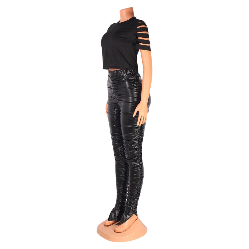 Black Slim Pleated Pu Leather Slit Pants