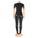 Black Slim Pleated Pu Leather Slit Pants