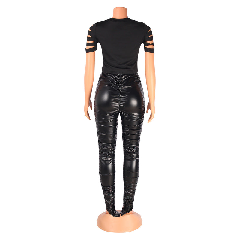 Black Slim Pleated Pu Leather Slit Pants