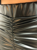 Black Slim Pleated Pu Leather Slit Pants