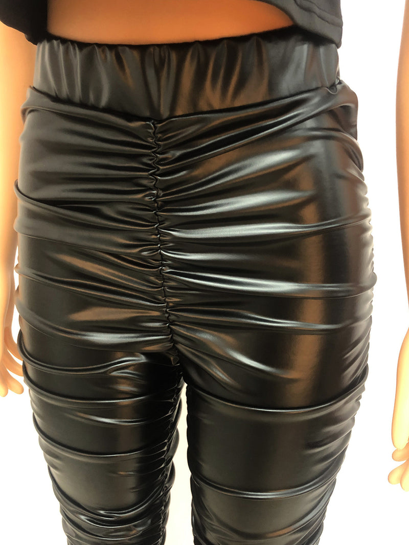 Black Slim Pleated Pu Leather Slit Pants