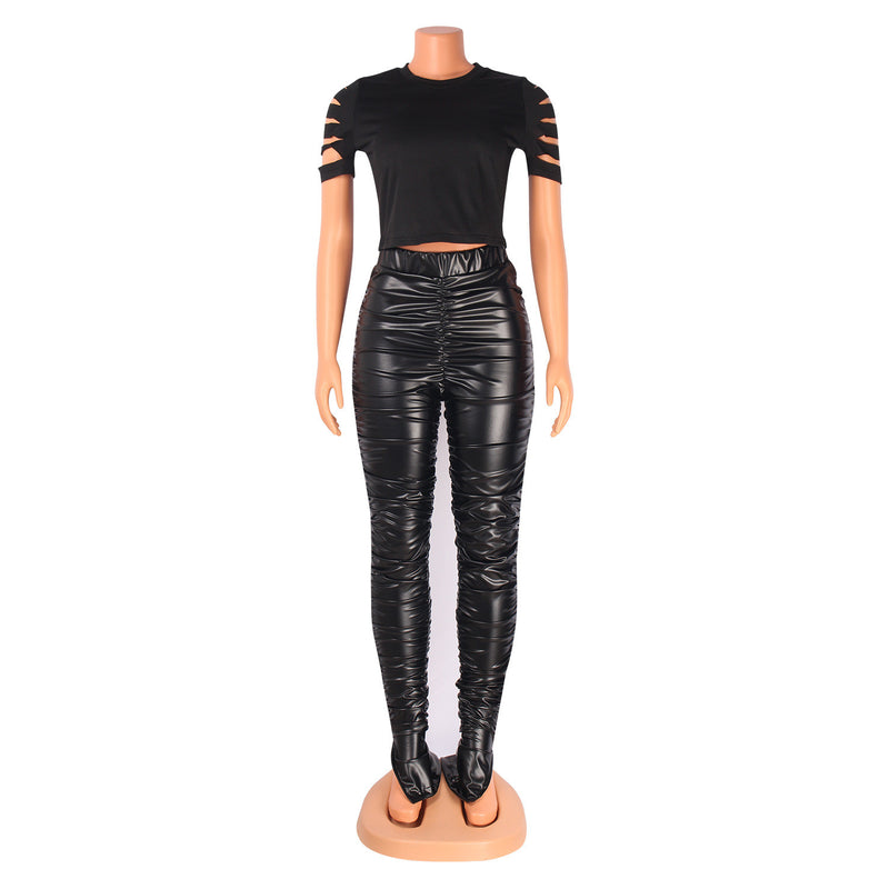 Black Slim Pleated Pu Leather Slit Pants