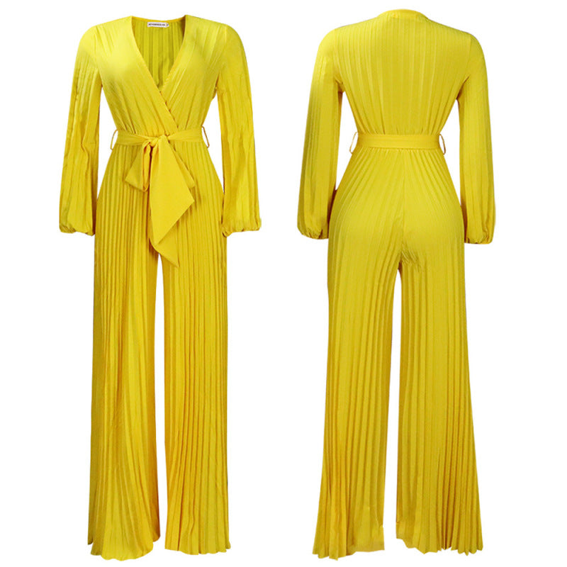 V-Neck Long Sleeve Wide-Leg Jumpsuits