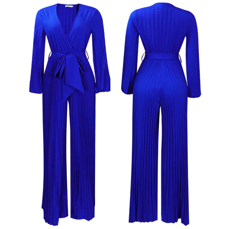 V-Neck Long Sleeve Wide-Leg Jumpsuits