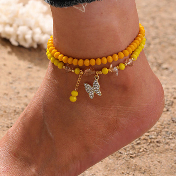 Women Fashion Rhinestone Butterfly Beaded Anklet Set