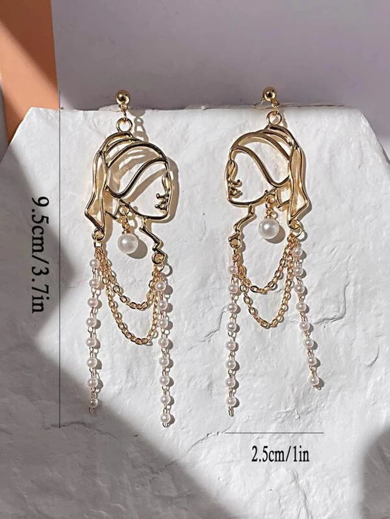 Metal Hollow Cartoon Character Pearl Tassel Earrings