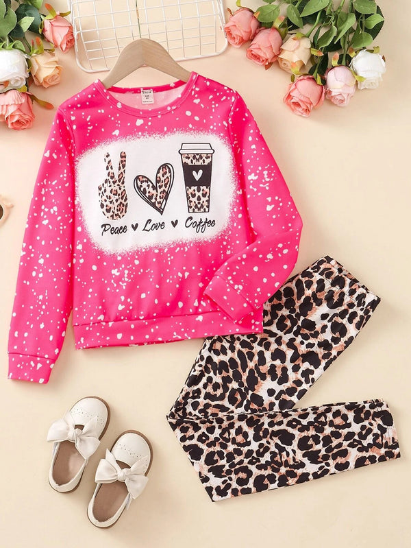 Letter Graphic Pullover & Leopard Print Leggings for Girls 9Y (53 IN)