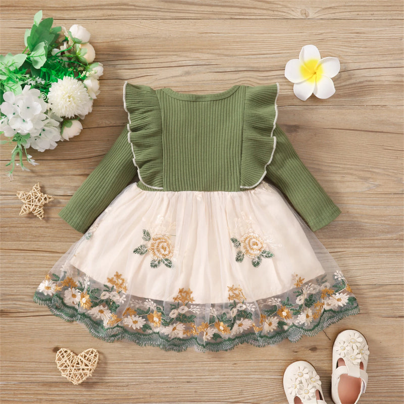 Baby Girl Long-sleeve Bowknot Lace Mesh Party Dress