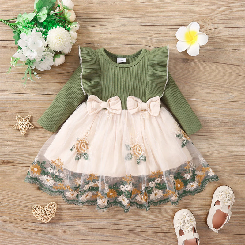 Baby Girl Long-sleeve Bowknot Lace Mesh Party Dress